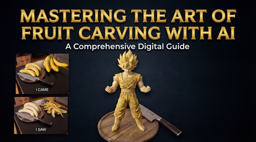 Mastering the Art of Fruit Carving with AI - Goku banana sculpture example showing the I CAME, I SAW, I CONQUERED formula